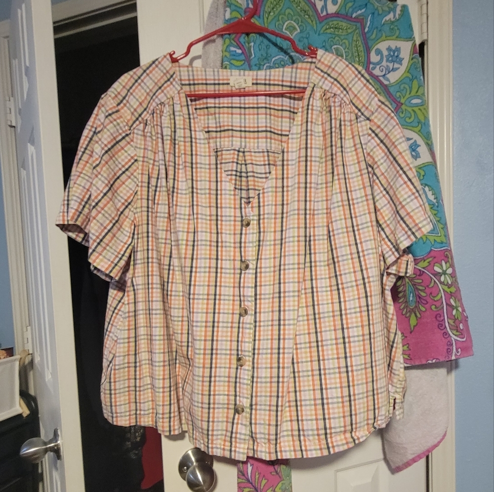 Ana Plaid V Neck Blouse